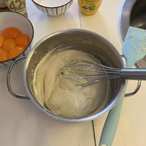 scalded batter with hot oil, flour, and milk